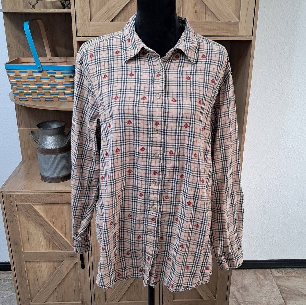 Vintage Cabin Creek Button Down Plaid Top Embroidered Roses Cottagecore Western